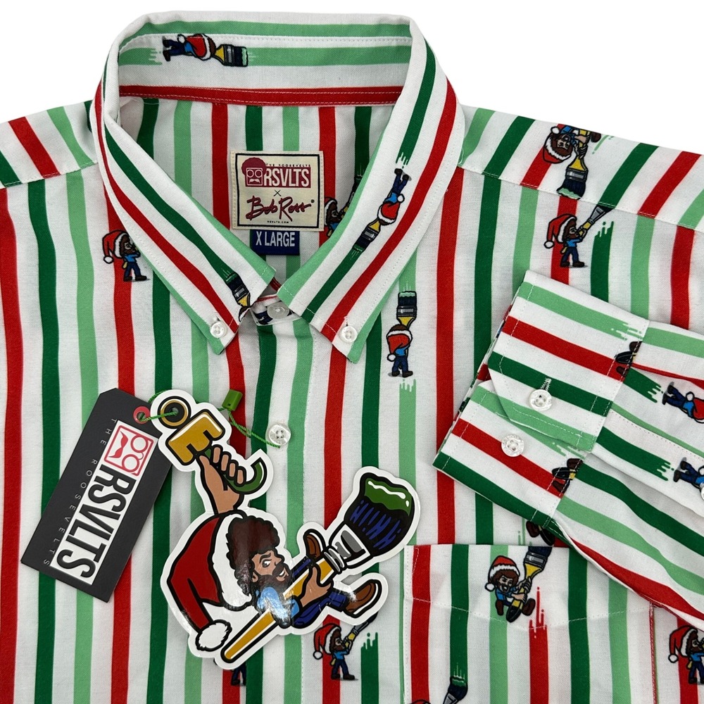 RSVLTS Bob‎ Ross Happy Holiday Stripes Button Up Oxford Shirt Men's XL NEW/TAGS!